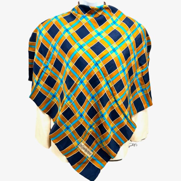 Vintage Yves Saint Laurent Scarf100% silk satin  31"Blue Rusty White Check (26) - Picture 1 of 11